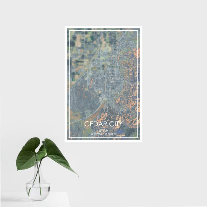 16x24 Cedar City Utah Map Print Portrait Orientation in Afternoon Style With Tropical Plant Leaves in Water
