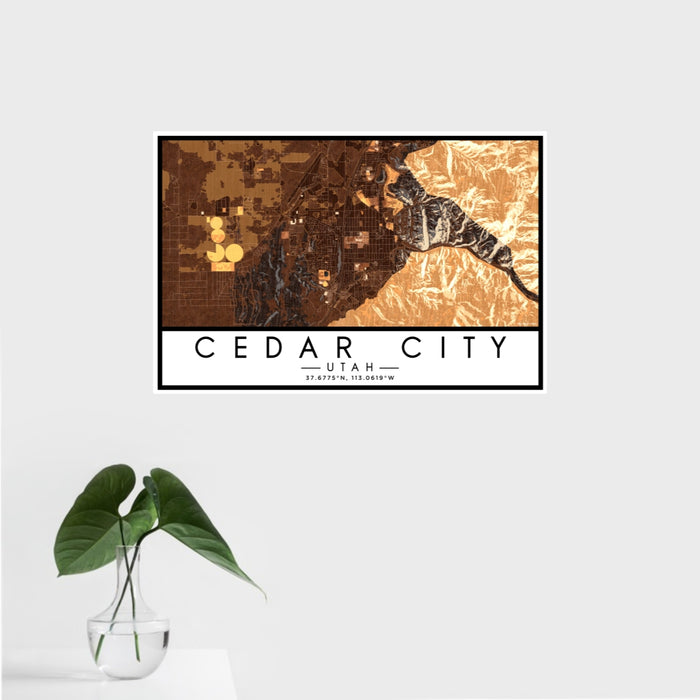 16x24 Cedar City Utah Map Print Landscape Orientation in Ember Style With Tropical Plant Leaves in Water
