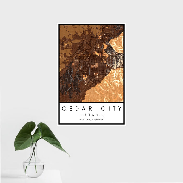 16x24 Cedar City Utah Map Print Portrait Orientation in Ember Style With Tropical Plant Leaves in Water