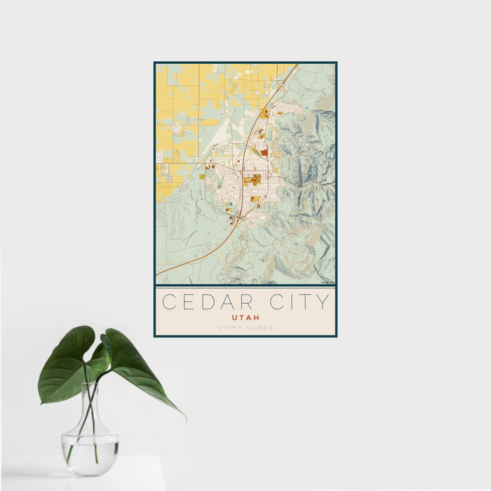 16x24 Cedar City Utah Map Print Portrait Orientation in Woodblock Style With Tropical Plant Leaves in Water