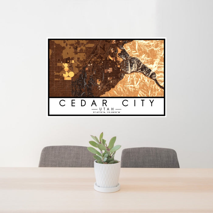 24x36 Cedar City Utah Map Print Lanscape Orientation in Ember Style Behind 2 Chairs Table and Potted Plant