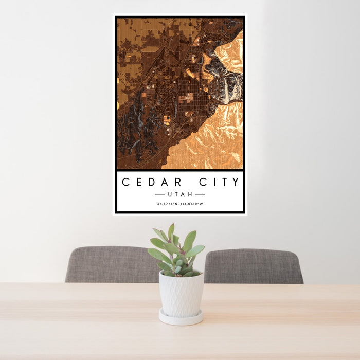 24x36 Cedar City Utah Map Print Portrait Orientation in Ember Style Behind 2 Chairs Table and Potted Plant