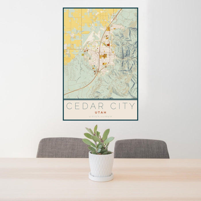 24x36 Cedar City Utah Map Print Portrait Orientation in Woodblock Style Behind 2 Chairs Table and Potted Plant