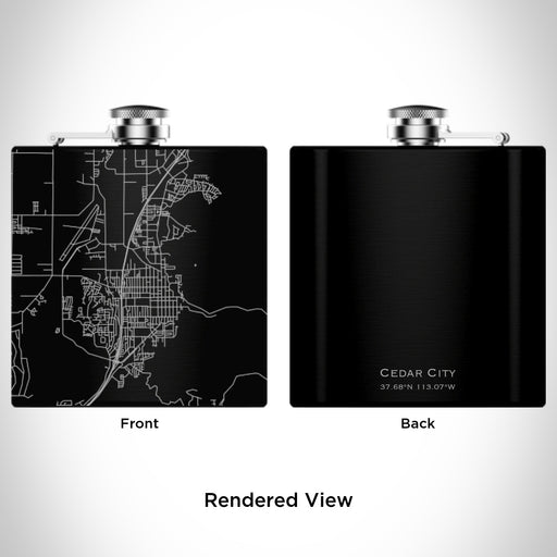 Rendered View of Cedar City Utah Map Engraving on 6oz Stainless Steel Flask in Black