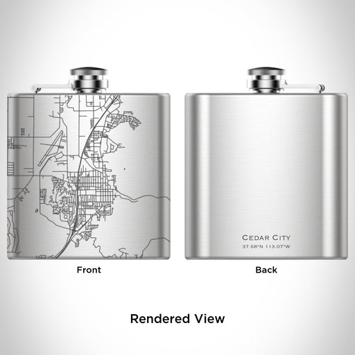 Rendered View of Cedar City Utah Map Engraving on 6oz Stainless Steel Flask
