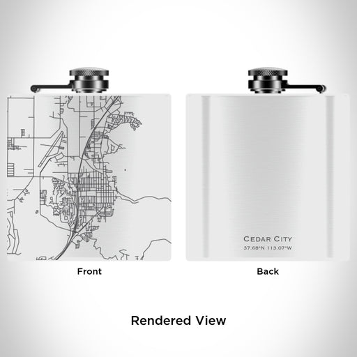 Rendered View of Cedar City Utah Map Engraving on 6oz Stainless Steel Flask in White