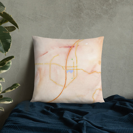 Custom Cedar City Utah Map Throw Pillow in Watercolor on Bedding Against Wall