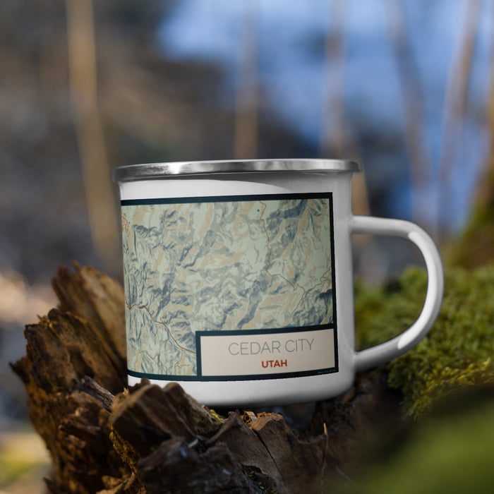 Right View Custom Cedar City Utah Map Enamel Mug in Woodblock on Grass With Trees in Background
