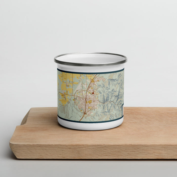 Front View Custom Cedar City Utah Map Enamel Mug in Woodblock on Cutting Board