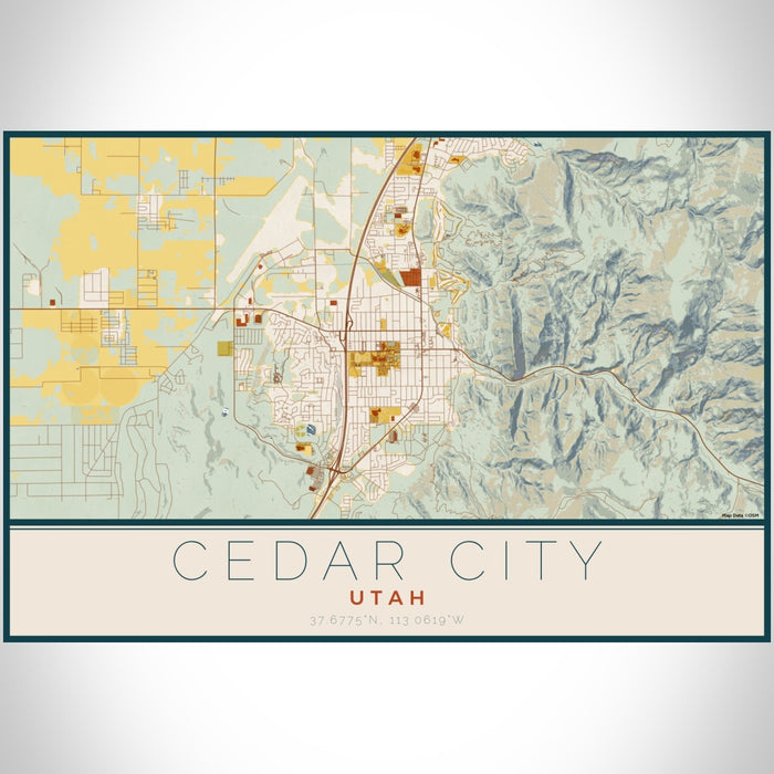 Cedar City Utah Map Print Landscape Orientation in Woodblock Style With Shaded Background