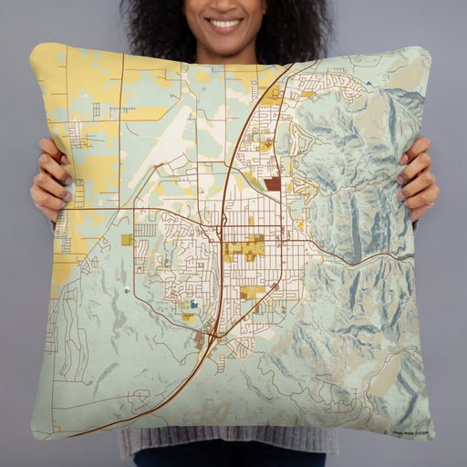 Person holding 22x22 Custom Cedar City Utah Map Throw Pillow in Woodblock