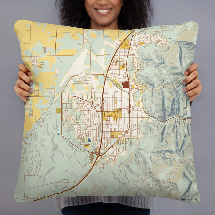Person holding 22x22 Custom Cedar City Utah Map Throw Pillow in Woodblock