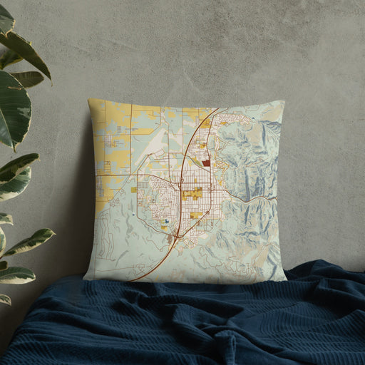 Custom Cedar City Utah Map Throw Pillow in Woodblock on Bedding Against Wall