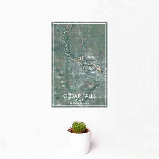 12x18 Cedar Falls Iowa Map Print Portrait Orientation in Afternoon Style With Small Cactus Plant in White Planter