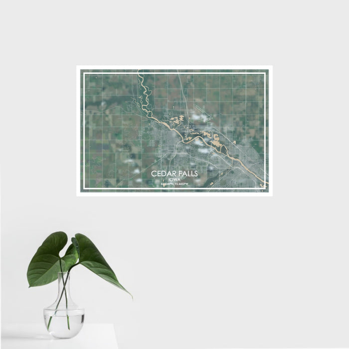 16x24 Cedar Falls Iowa Map Print Landscape Orientation in Afternoon Style With Tropical Plant Leaves in Water
