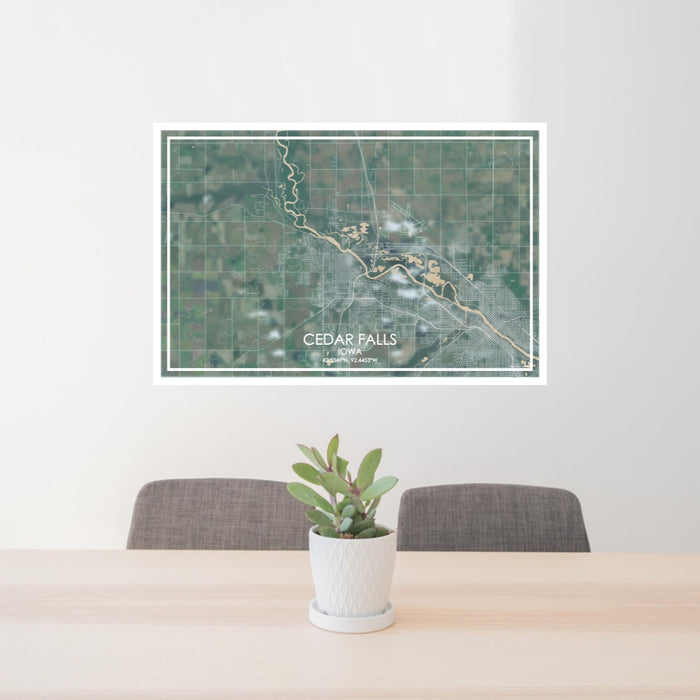 24x36 Cedar Falls Iowa Map Print Lanscape Orientation in Afternoon Style Behind 2 Chairs Table and Potted Plant