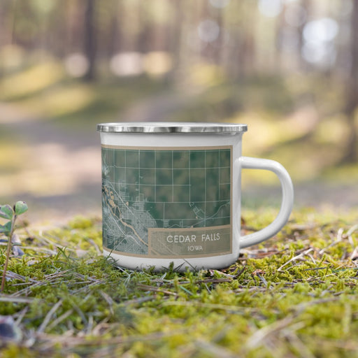 Right View Custom Cedar Falls Iowa Map Enamel Mug in Afternoon on Grass With Trees in Background