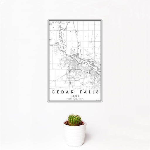 12x18 Cedar Falls Iowa Map Print Portrait Orientation in Classic Style With Small Cactus Plant in White Planter