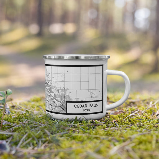 Right View Custom Cedar Falls Iowa Map Enamel Mug in Classic on Grass With Trees in Background