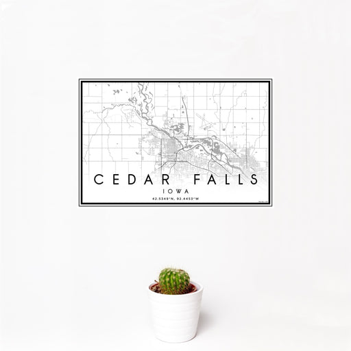 12x18 Cedar Falls Iowa Map Print Landscape Orientation in Classic Style With Small Cactus Plant in White Planter