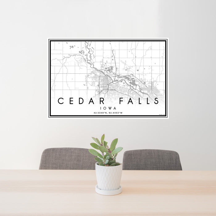 24x36 Cedar Falls Iowa Map Print Landscape Orientation in Classic Style Behind 2 Chairs Table and Potted Plant
