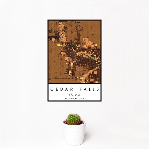 12x18 Cedar Falls Iowa Map Print Portrait Orientation in Ember Style With Small Cactus Plant in White Planter