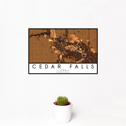 12x18 Cedar Falls Iowa Map Print Landscape Orientation in Ember Style With Small Cactus Plant in White Planter
