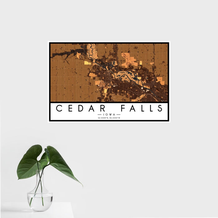 16x24 Cedar Falls Iowa Map Print Landscape Orientation in Ember Style With Tropical Plant Leaves in Water