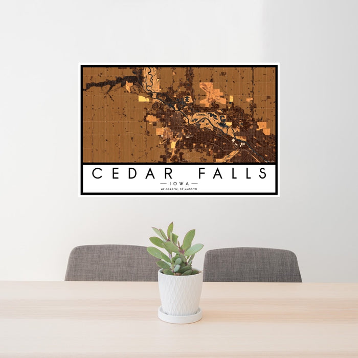 24x36 Cedar Falls Iowa Map Print Landscape Orientation in Ember Style Behind 2 Chairs Table and Potted Plant