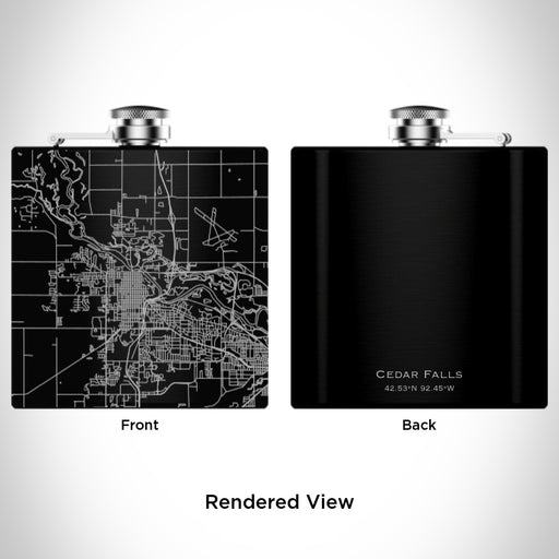 Rendered View of Cedar Falls Iowa Map Engraving on 6oz Stainless Steel Flask in Black