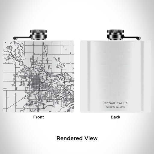 Rendered View of Cedar Falls Iowa Map Engraving on 6oz Stainless Steel Flask in White