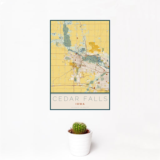 12x18 Cedar Falls Iowa Map Print Portrait Orientation in Woodblock Style With Small Cactus Plant in White Planter