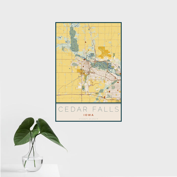 16x24 Cedar Falls Iowa Map Print Portrait Orientation in Woodblock Style With Tropical Plant Leaves in Water