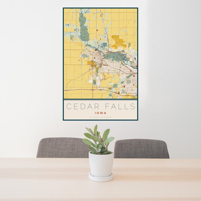 24x36 Cedar Falls Iowa Map Print Portrait Orientation in Woodblock Style Behind 2 Chairs Table and Potted Plant