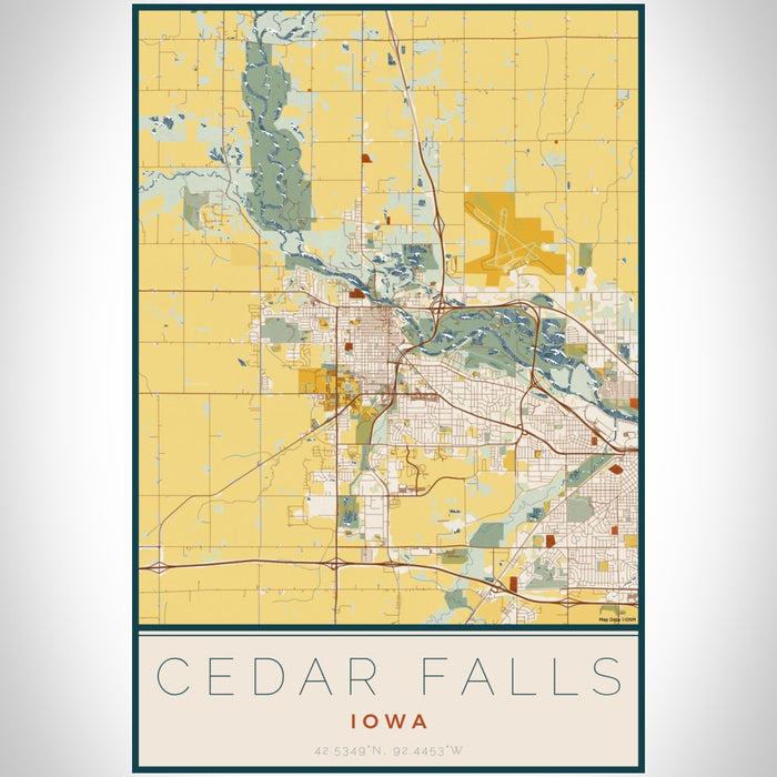 Cedar Falls Iowa Map Print Portrait Orientation in Woodblock Style With Shaded Background