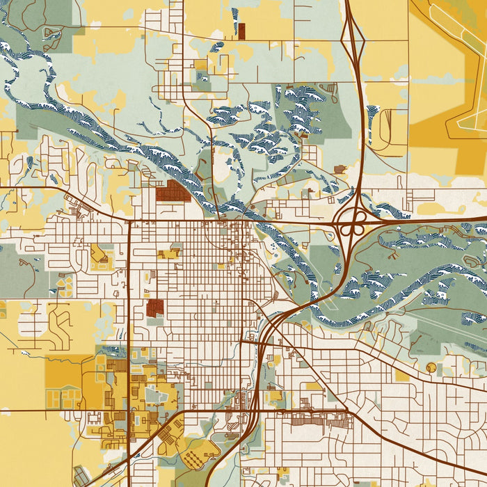 Cedar Falls Iowa Map Print in Woodblock Style Zoomed In Close Up Showing Details