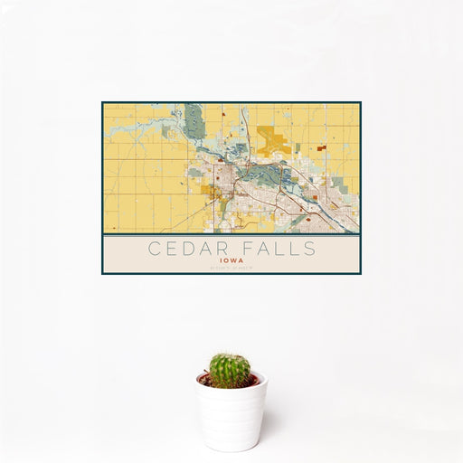 12x18 Cedar Falls Iowa Map Print Landscape Orientation in Woodblock Style With Small Cactus Plant in White Planter