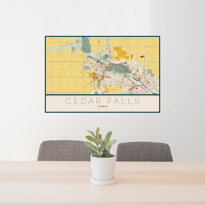 24x36 Cedar Falls Iowa Map Print Landscape Orientation in Woodblock Style Behind 2 Chairs Table and Potted Plant