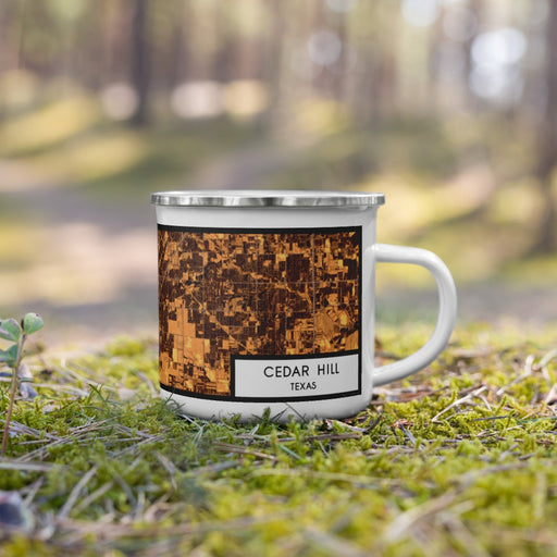 Right View Custom Cedar Hill Texas Map Enamel Mug in Ember on Grass With Trees in Background
