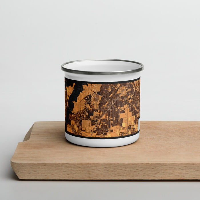 Front View Custom Cedar Hill Texas Map Enamel Mug in Ember on Cutting Board