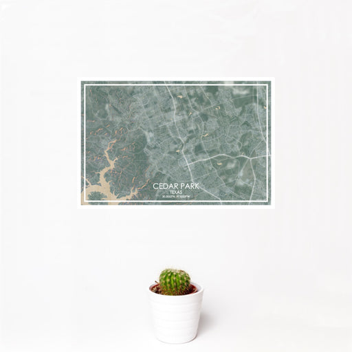12x18 Cedar Park Texas Map Print Landscape Orientation in Afternoon Style With Small Cactus Plant in White Planter