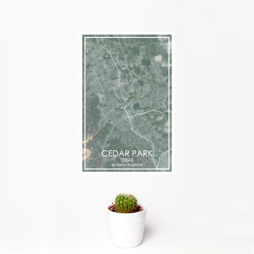 12x18 Cedar Park Texas Map Print Portrait Orientation in Afternoon Style With Small Cactus Plant in White Planter