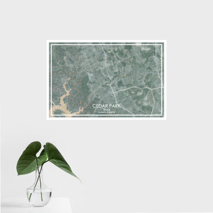 16x24 Cedar Park Texas Map Print Landscape Orientation in Afternoon Style With Tropical Plant Leaves in Water