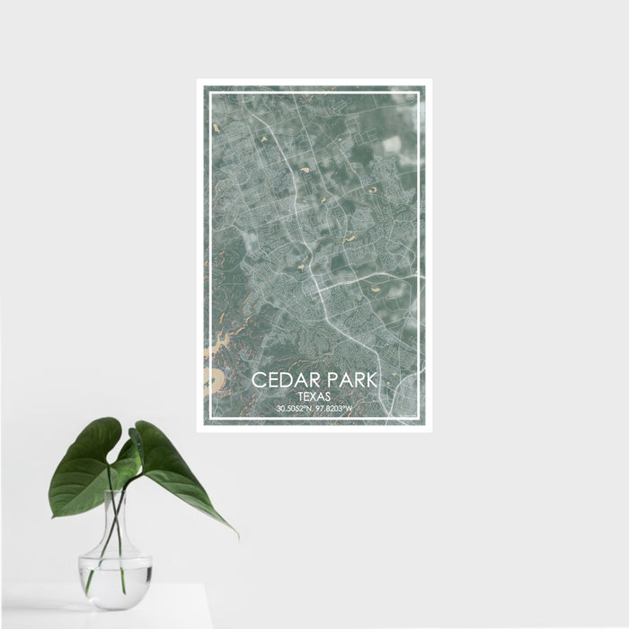 16x24 Cedar Park Texas Map Print Portrait Orientation in Afternoon Style With Tropical Plant Leaves in Water