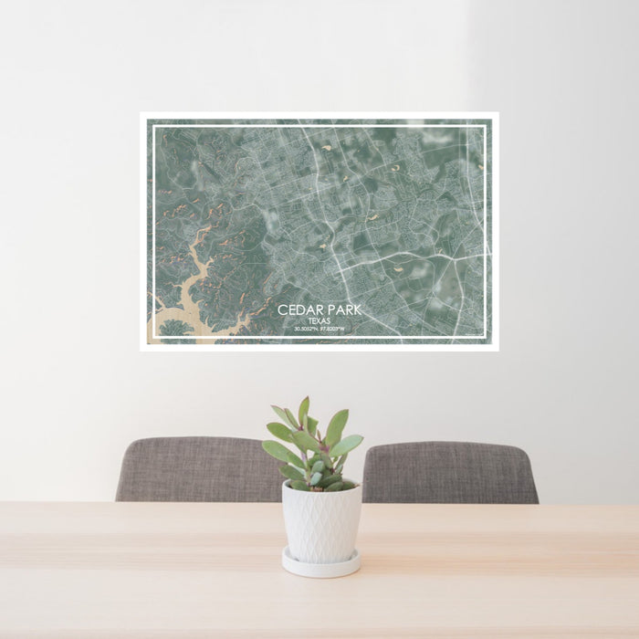 24x36 Cedar Park Texas Map Print Lanscape Orientation in Afternoon Style Behind 2 Chairs Table and Potted Plant
