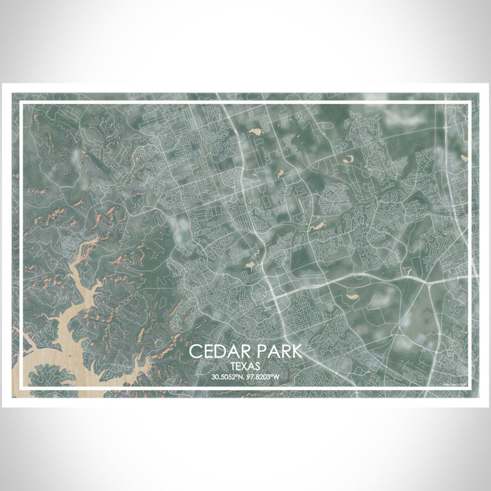 Cedar Park Texas Map Print Landscape Orientation in Afternoon Style With Shaded Background