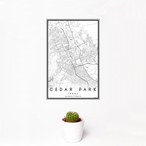 12x18 Cedar Park Texas Map Print Portrait Orientation in Classic Style With Small Cactus Plant in White Planter