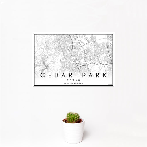 12x18 Cedar Park Texas Map Print Landscape Orientation in Classic Style With Small Cactus Plant in White Planter