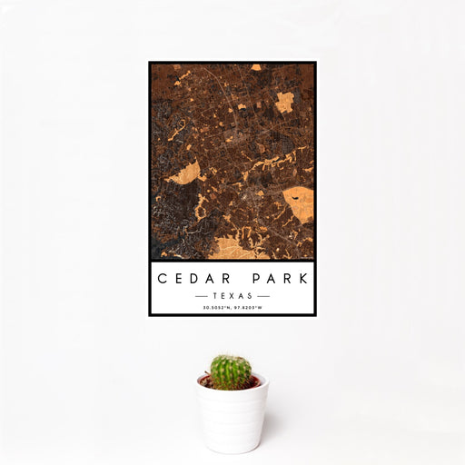 12x18 Cedar Park Texas Map Print Portrait Orientation in Ember Style With Small Cactus Plant in White Planter