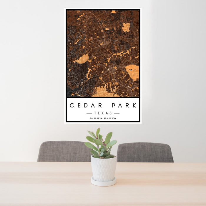 24x36 Cedar Park Texas Map Print Portrait Orientation in Ember Style Behind 2 Chairs Table and Potted Plant